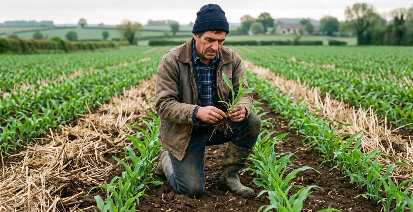 Un agriculteur examine une jeune plante de maïs dans une parcelle cultivée en strip till.