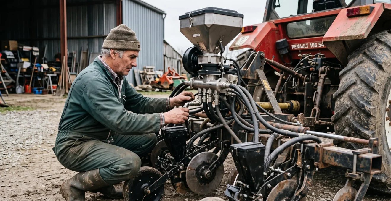 Un agriculteur règle l'équipement de fertilisation localisé attelé derrière son tracteur.