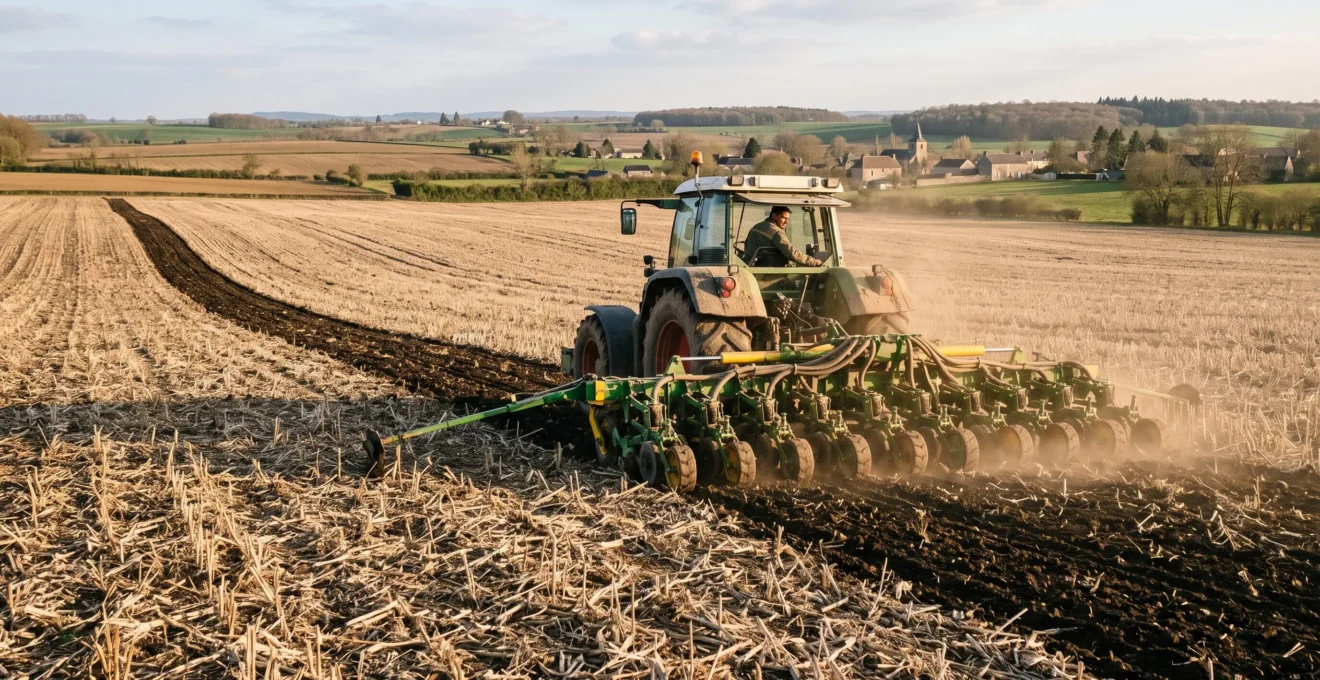 Un tracteur passe un outil strip till dans un champ, ouvrant une bande de terre labourée.