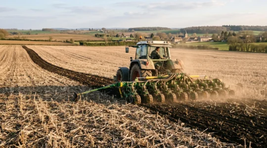 Un tracteur passe un outil strip till dans un champ, ouvrant une bande de terre labourée.